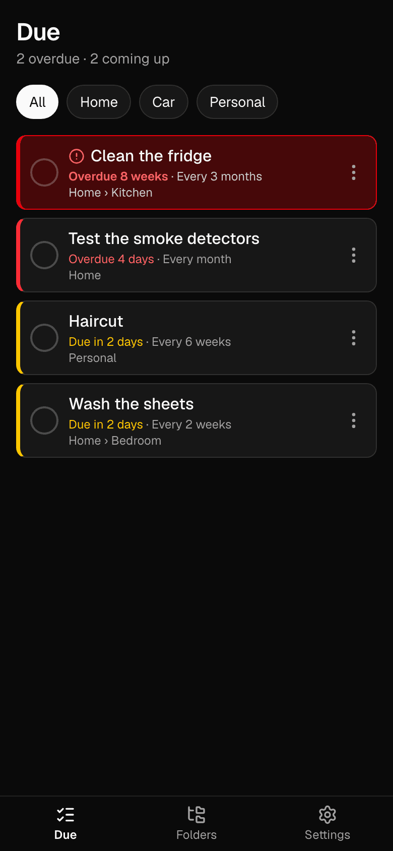 The Due screen: a list of overdue and upcoming tasks from every folder