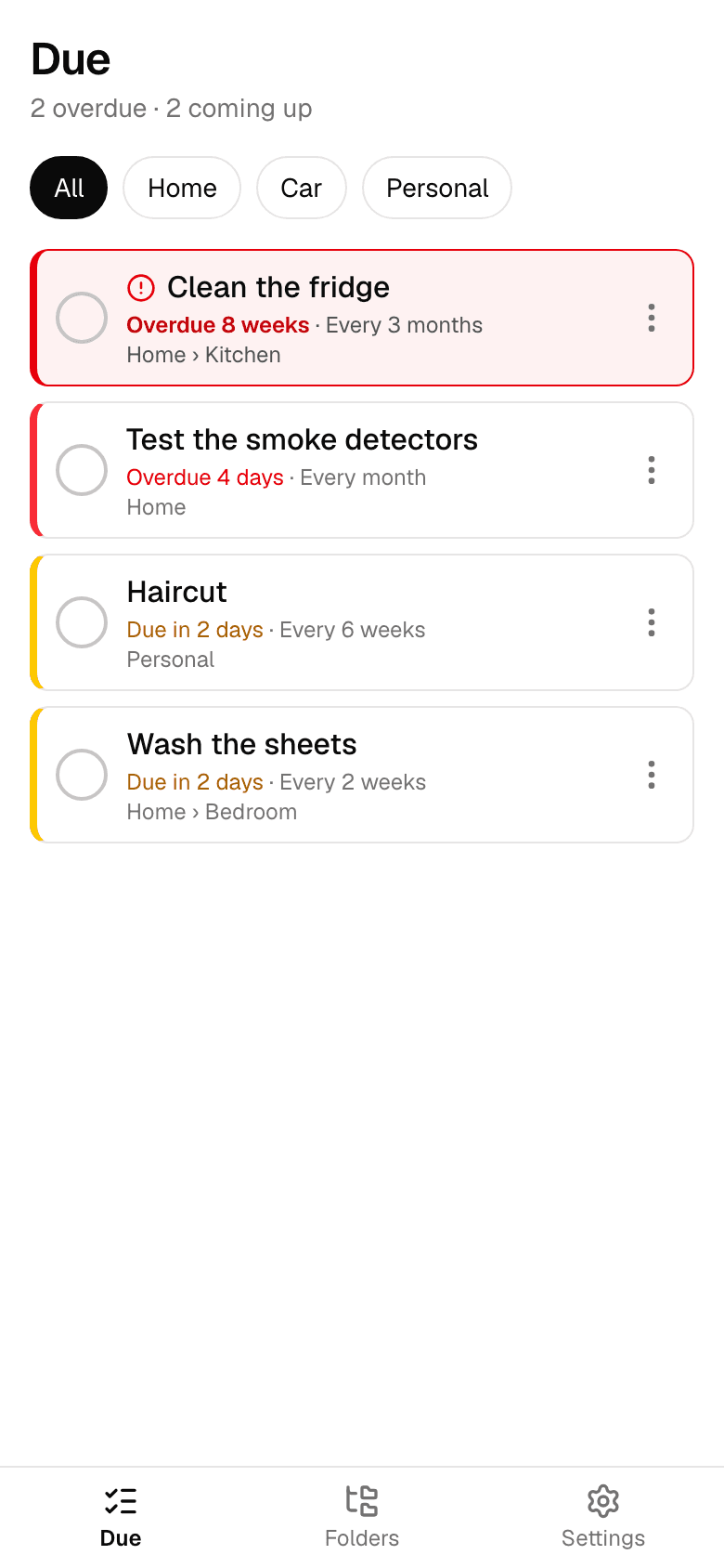 The Due screen: a list of overdue and upcoming tasks from every folder