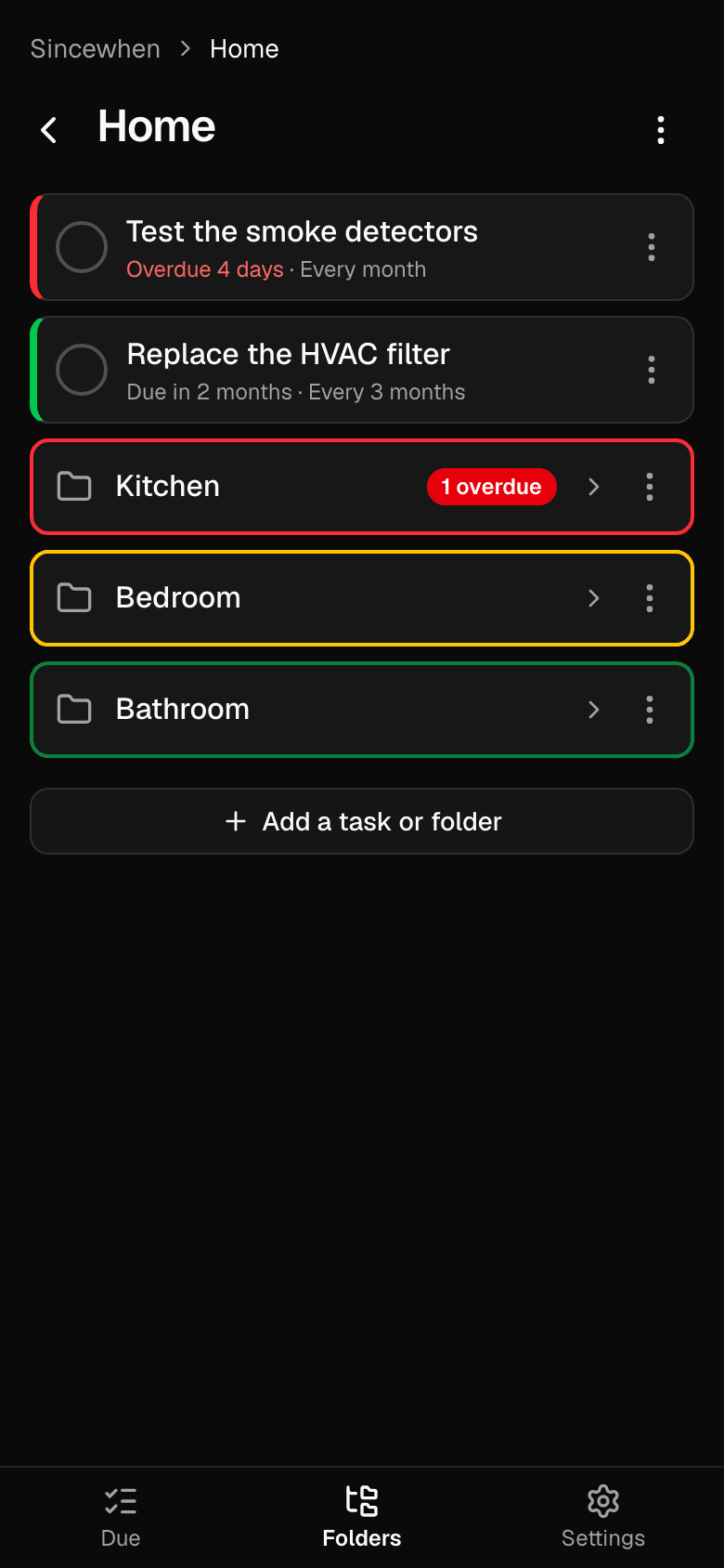 The Home screen: overdue tasks at the top, then the Kitchen, Bedroom and Bathroom folders