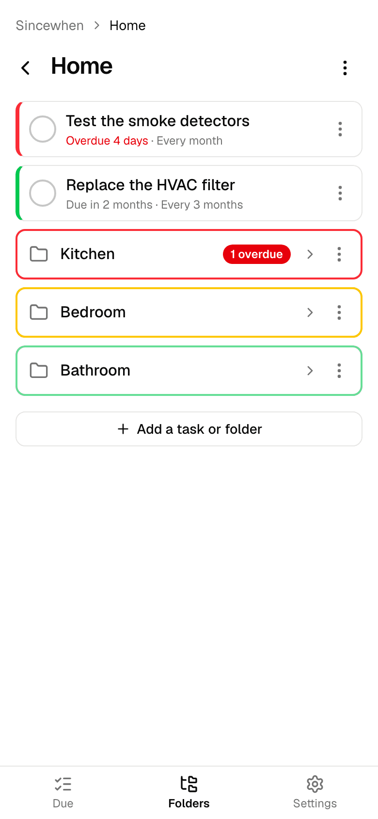 The Home screen: overdue tasks at the top, then the Kitchen, Bedroom and Bathroom folders